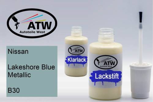 Nissan, Lakeshore Blue Metallic, B30: 20ml Lackstift + 20ml Klarlack - Set, von ATW Autoteile West.